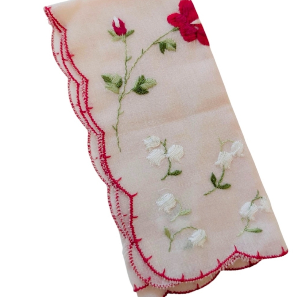 HANKERCHIEF Embroidered Flower Cotton Vintage 11x11 Red Green Pink